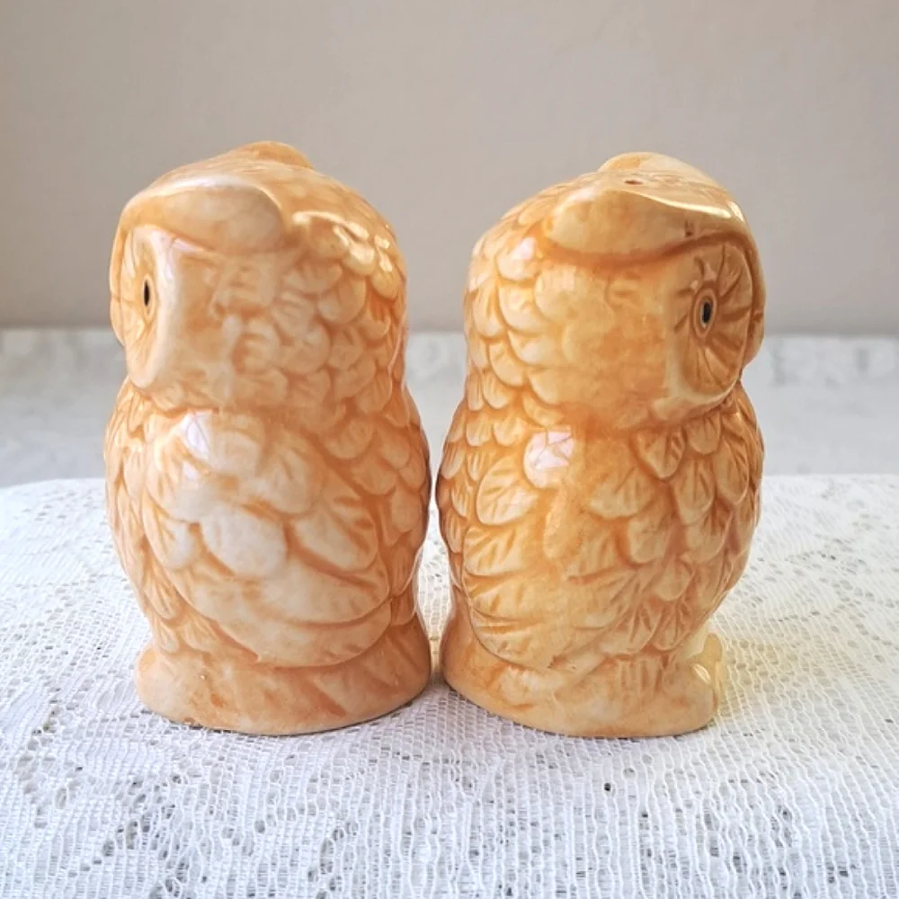 Vintage Pair MCM Handpainted Classic Ceramic Owl Salt & Pepper Shakers Pottery